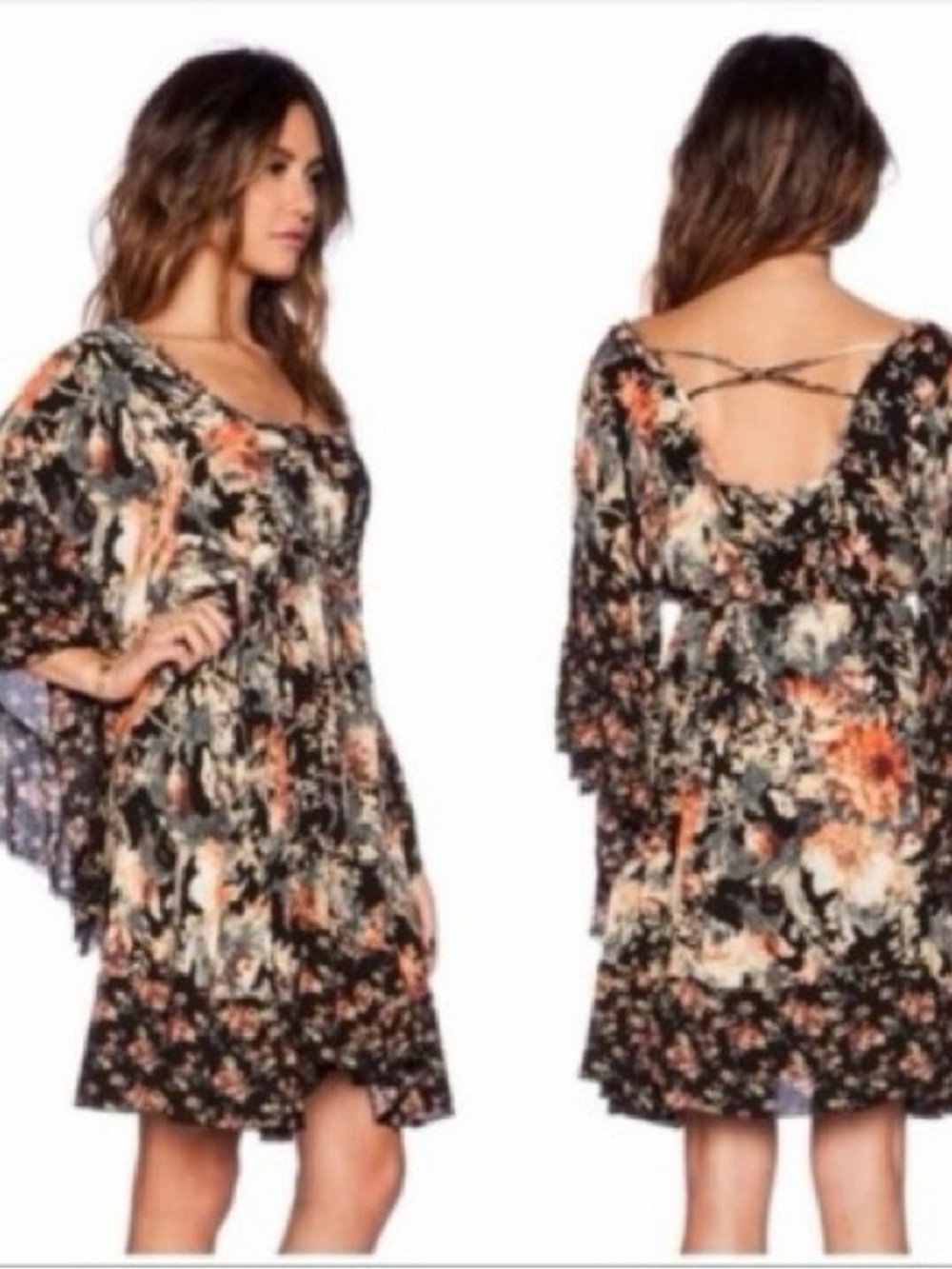 Free People Heart Of Gold Boho Floral Bell Sleeve Mini Dress in Black and Rust